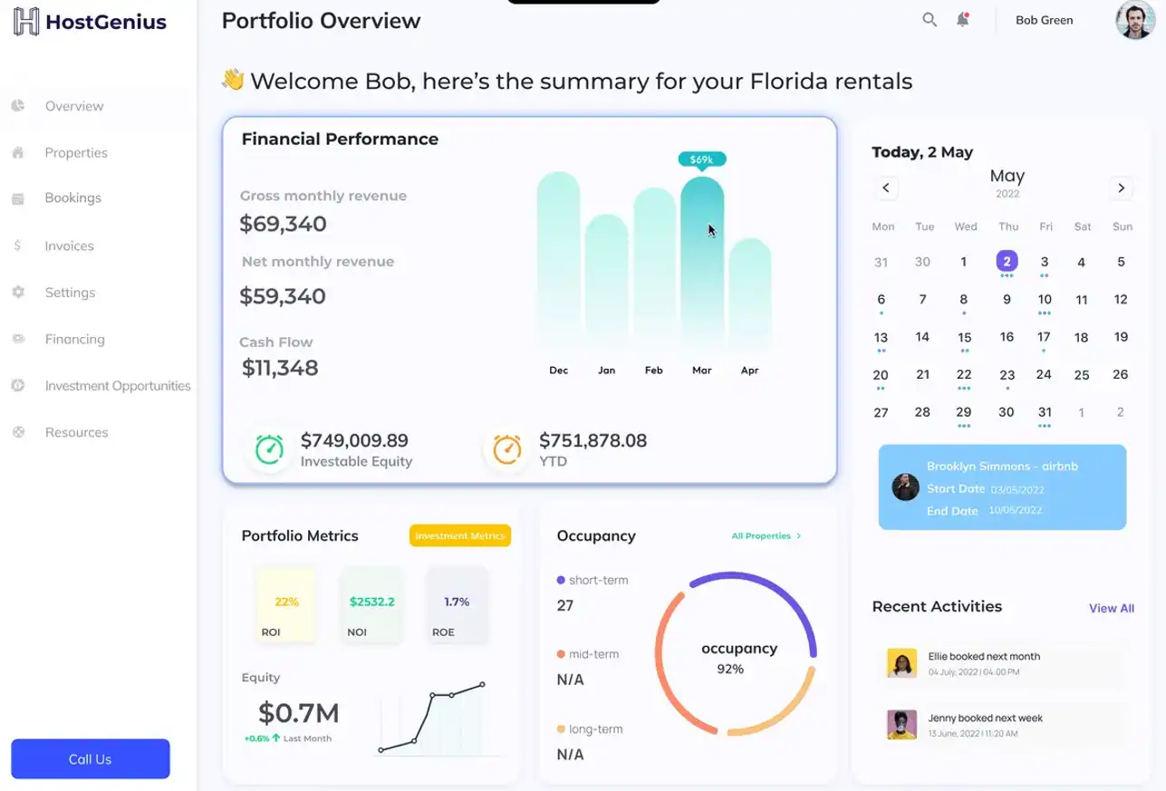 Dashboard de propriedades da Host Genius