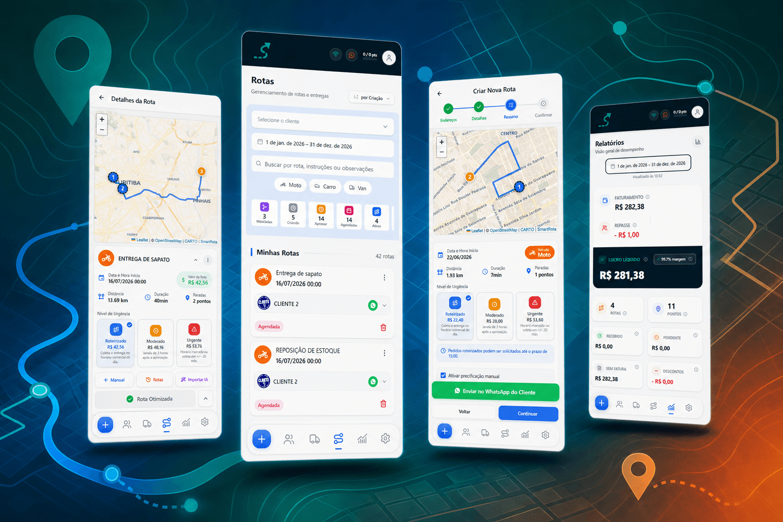 Telas mobile do SmartRota sobre formas topográficas inspiradas em mapas e rotas