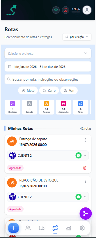 Tela de rotas da transportadora no SmartRota mobile