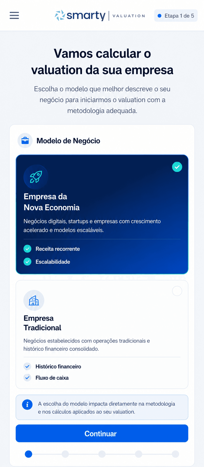Escolha de modelo empresarial no Smarty Valuation em formato mobile